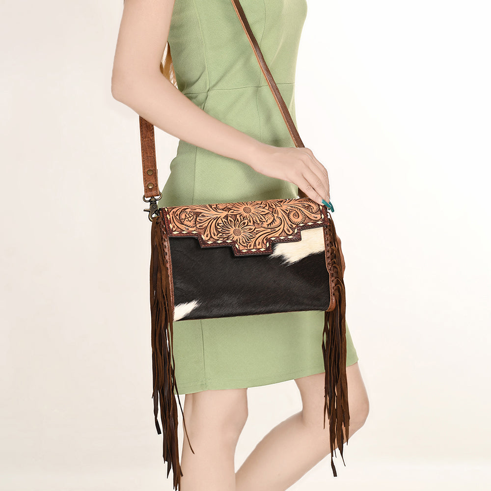 ADBG555 American Darling Hand Tooled Floral Leather & Hair-On Cowhide Small Cross body Bag