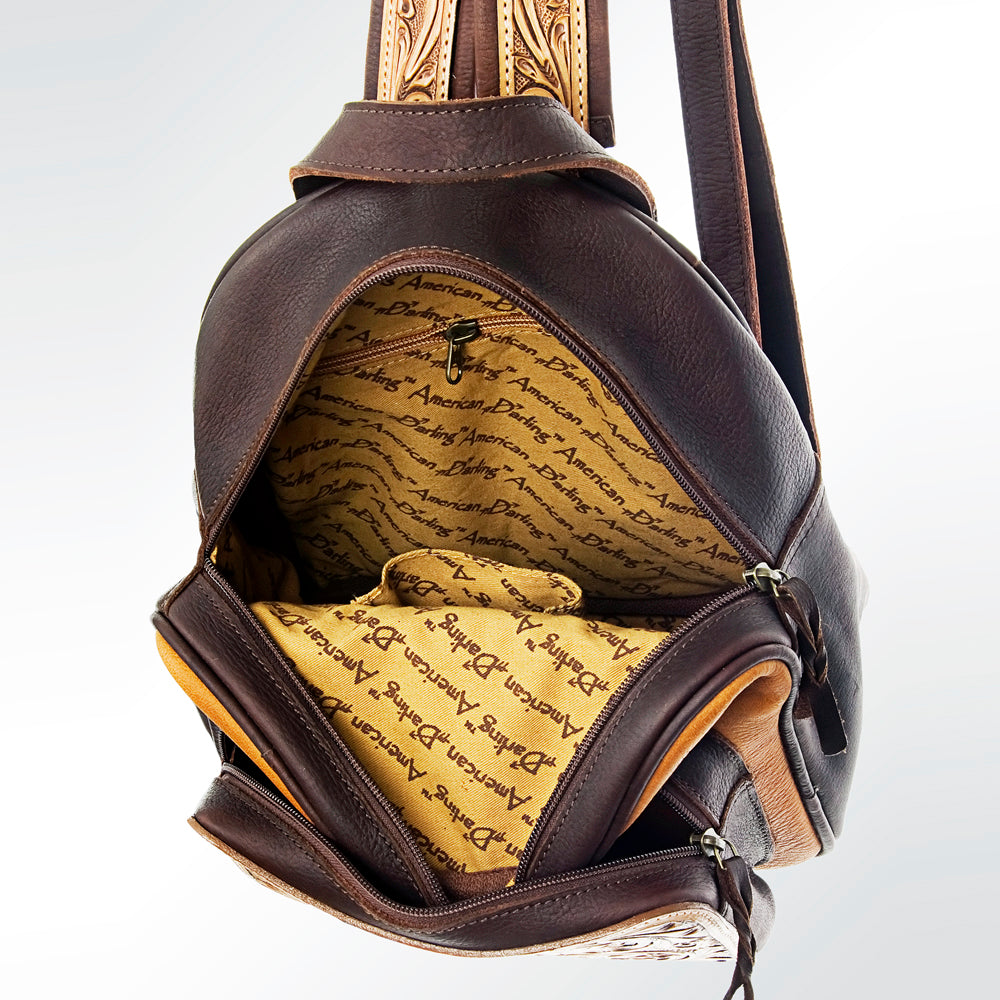 ADBG560 American Darling Hand Tooled Floral Leather Western Backpack with Turquoise Concho