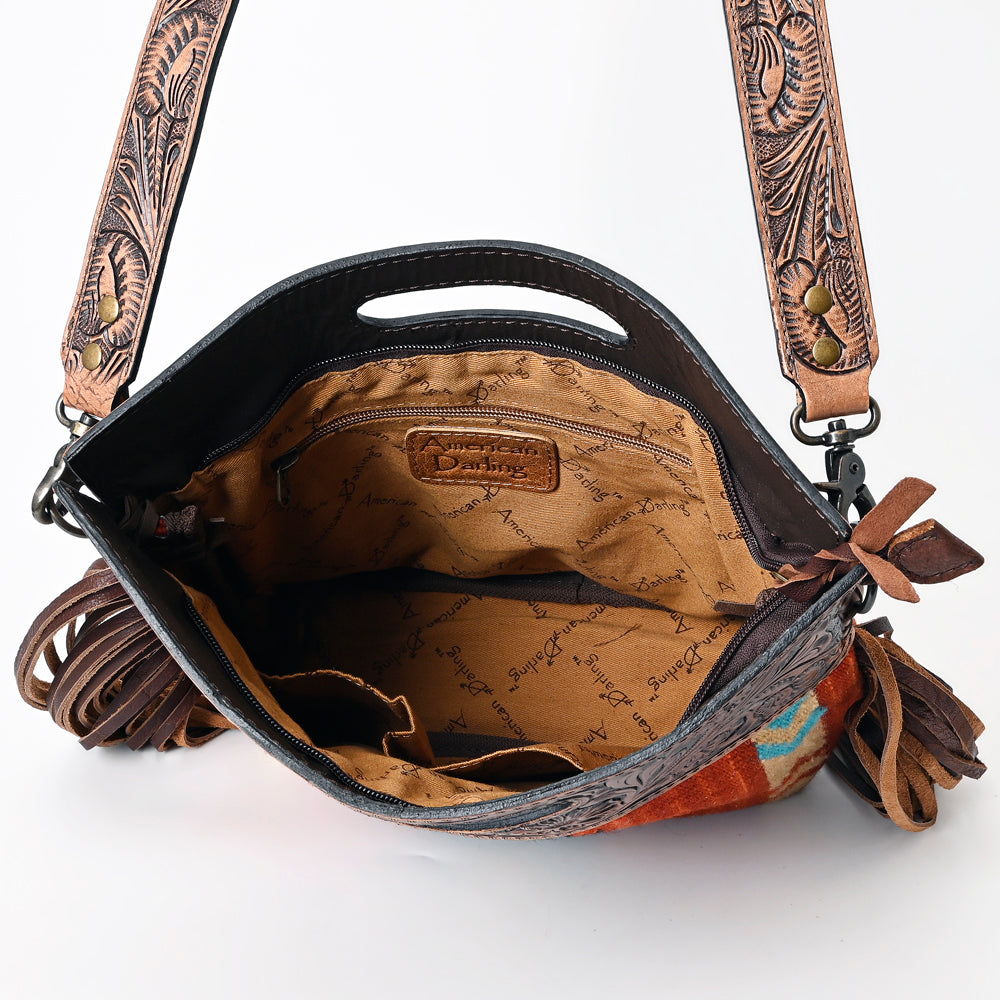 LC-ADBG610 Southwestern Wool Crossbody bag with Tooled Leather Yoke & Fringe Western Cutout Handle Crossbody