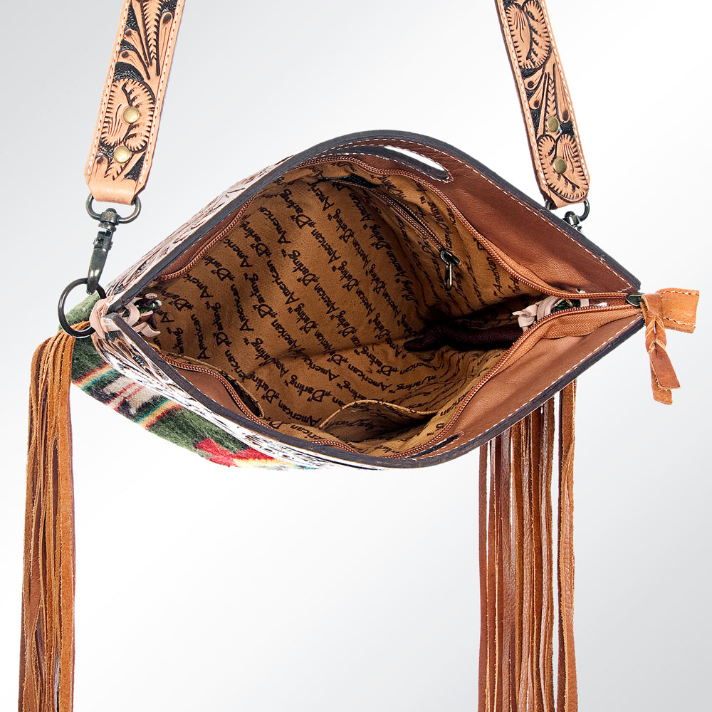 ADBG496 Diamond Aztec Wool Crossbody Bag with Hand Tooled Leather & Fringe