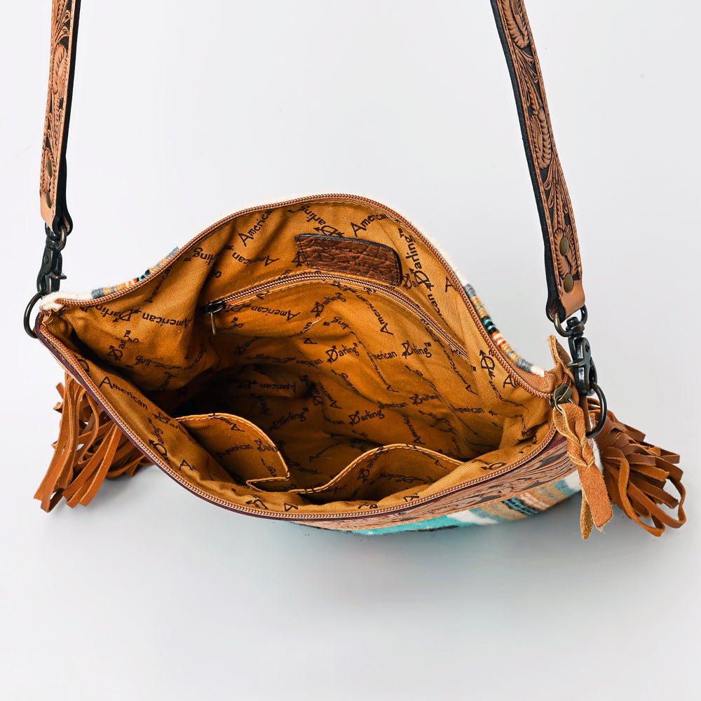 ADBG510 Tooled Leather & Saddle Blanket Crossbody Bag Western Fringe Purse - American Darling