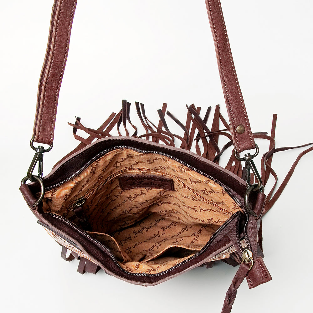 LC-ADBGZ263 Tooled Leather Fringe Messenger Bag - Western Floral with Turquoise Accents