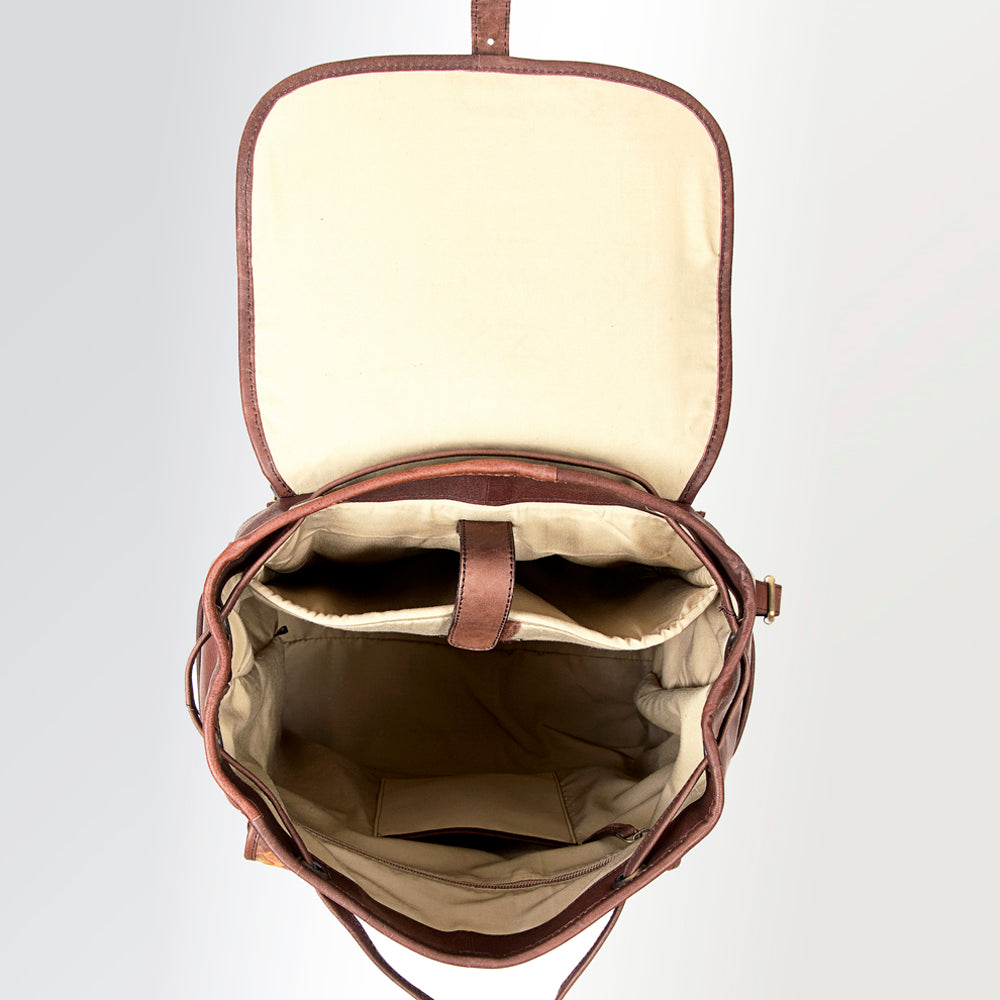 LC-ADBGI122A Woven Leather Panel Backpack - Western Drawstring Bag with Dual Front Pockets