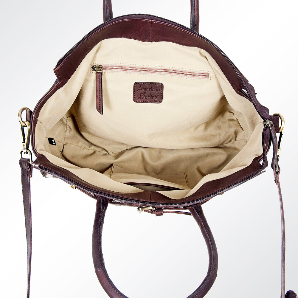 ADBGI151 Studded Hair-On Hide Tooled Leather Satchel - Western Cowgirl Handbag