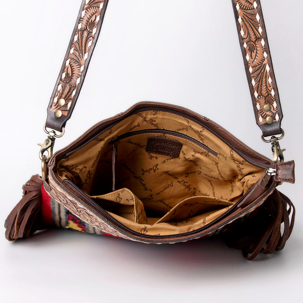 LC-ADBGA118 Red Southwestern Wool Crossbody with Tooled Leather Yoke & Fringe Western Artisan Shoulder Bag