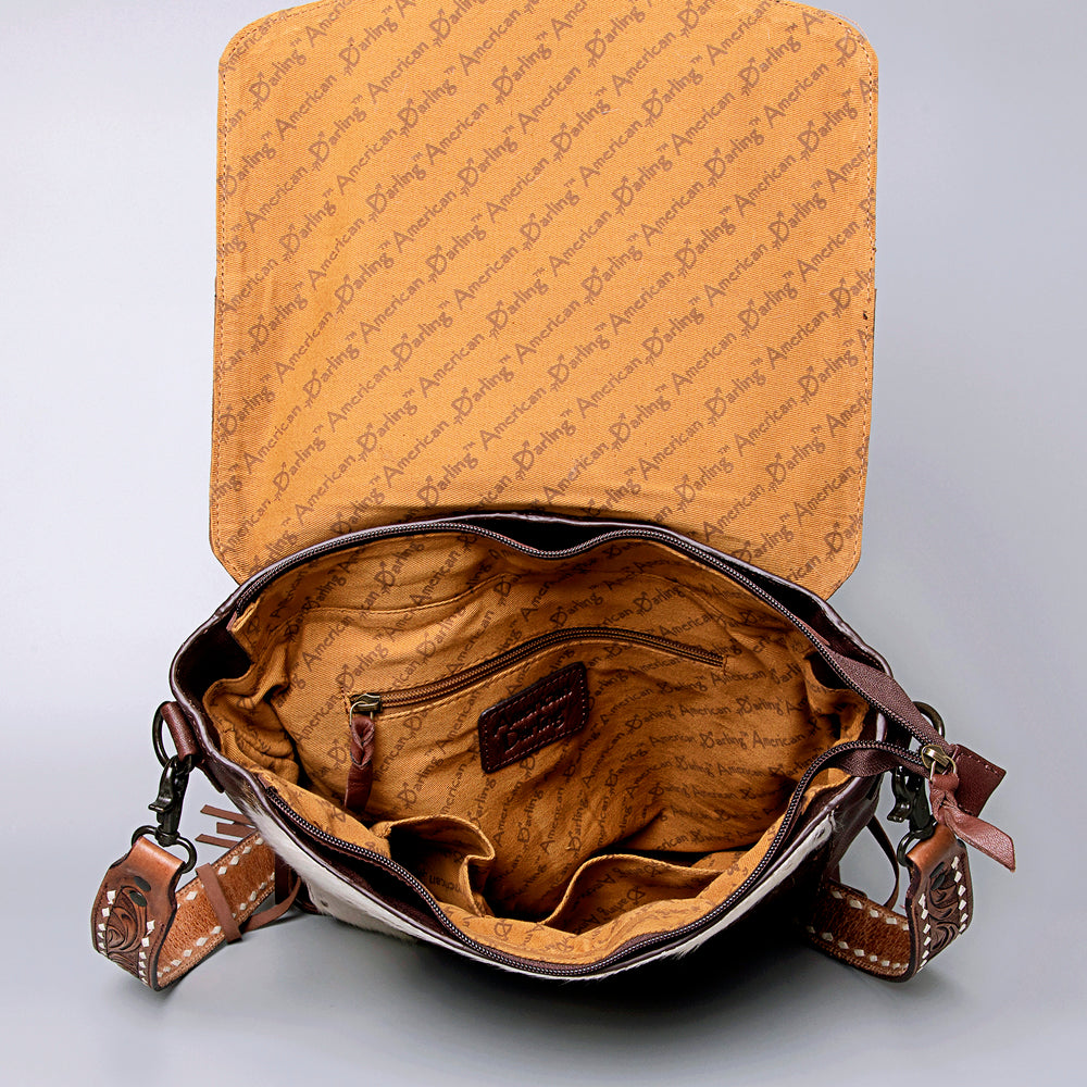 LC-ADBGZ289 Brown Leather & Cowhide Fringe Messenger Bag - Tooled Floral Flap Purse