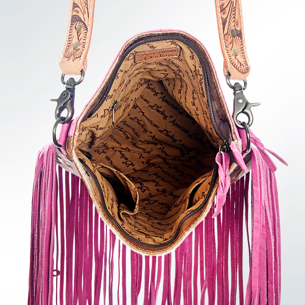 ADBGS192 Splatter Cowhide Large Crossbody Bag with Fringe & Tooled Leather Strap