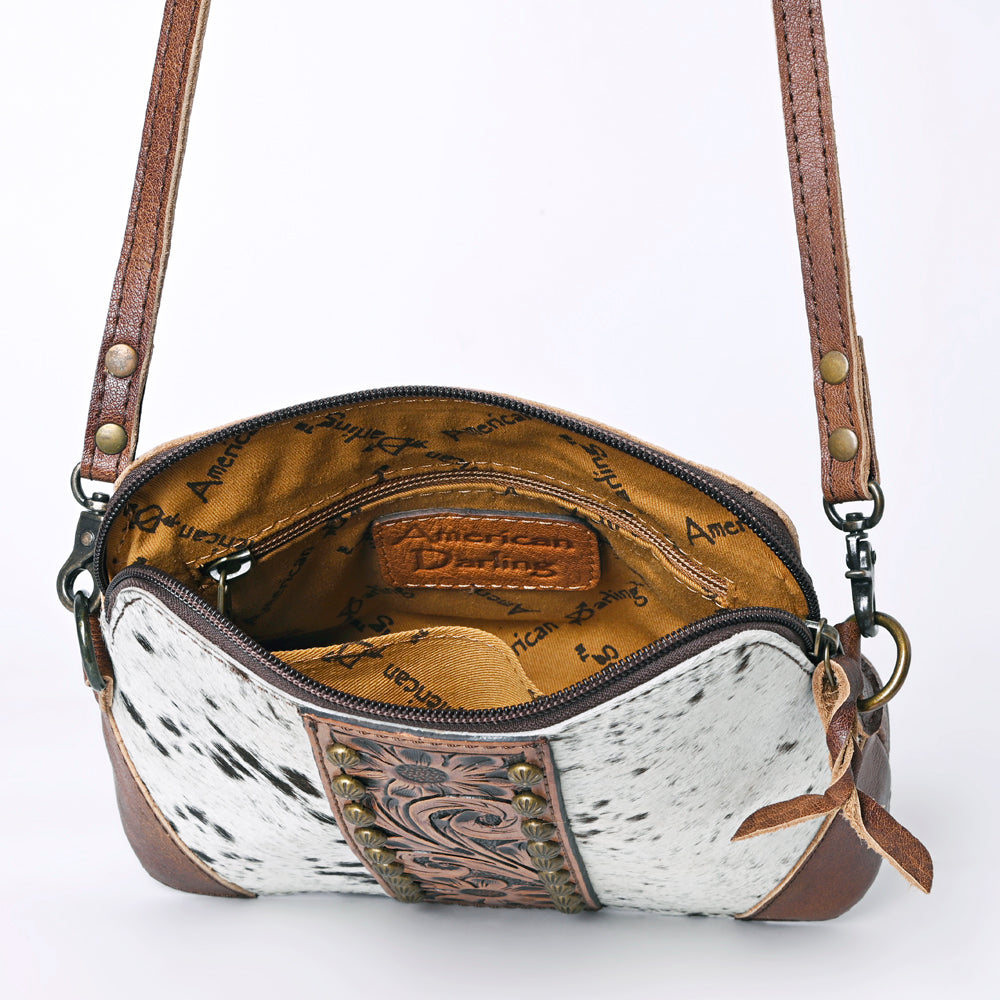 ADBG596 Speckled Cowhide Crossbody Bag with Tooled Leather Floral Panel Western Hair-On-Hide Purse