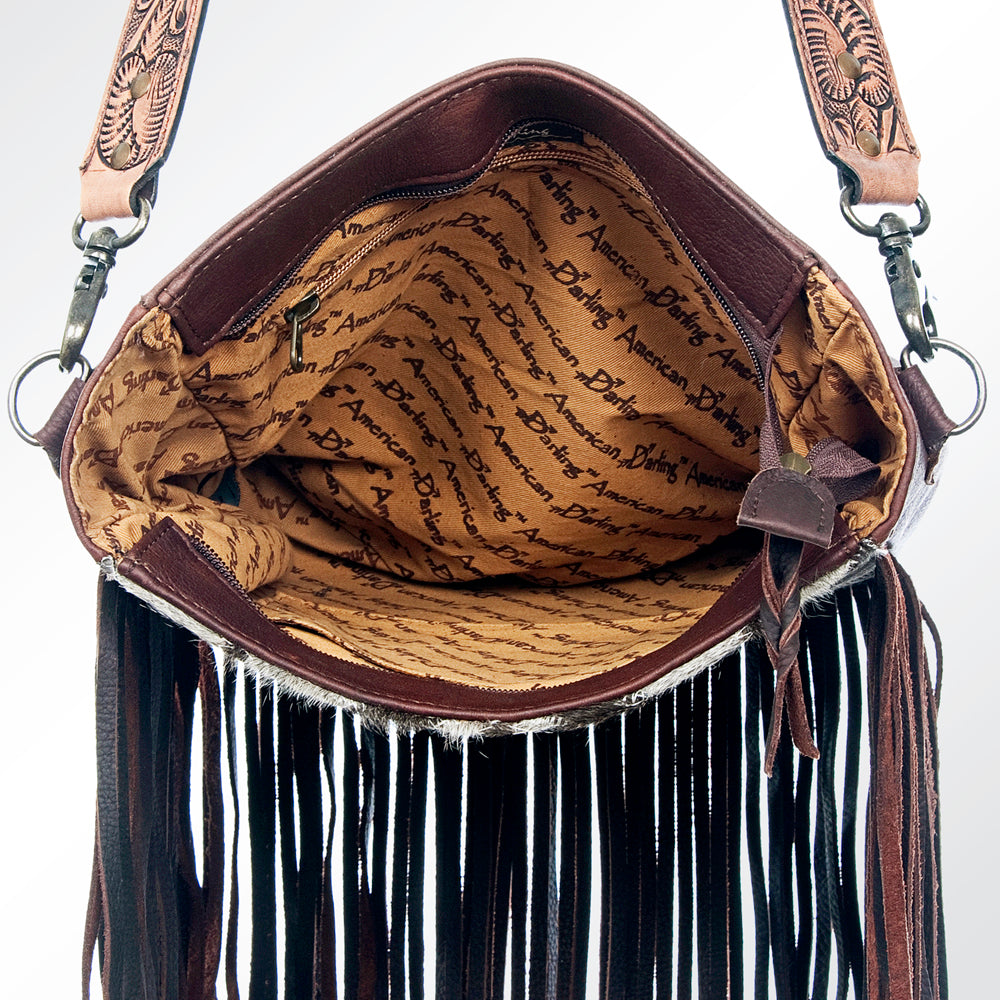 ADBG602 Boho Chevron Hair-On Cowhide Fringe Crossbody with Hand Tooled Leather Strap