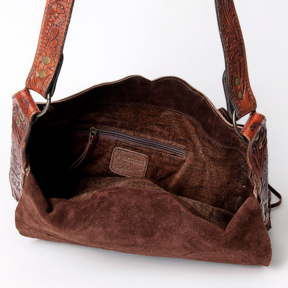 ADBGH102 Fringe Western Leather Tote - Tooled Flap with Turquoise Inlay & Genuine suede Body