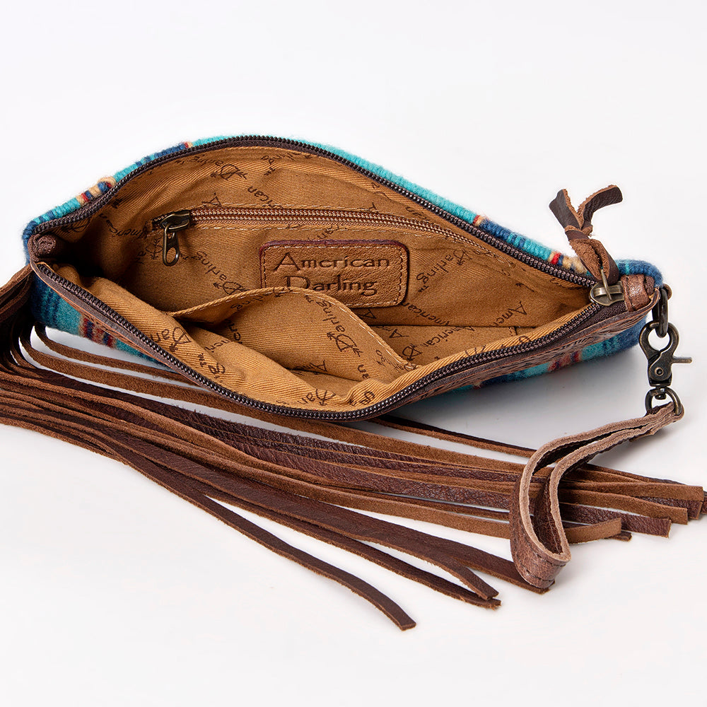 ADBG642 American Darling Hand Tooled Floral & Saddle Blanket Western Leather Wristlet Bag
