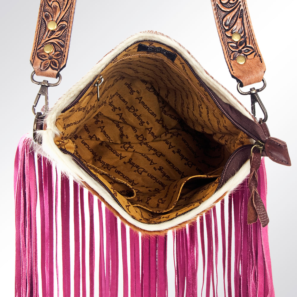 ADBG730 American Darling Pink Fringe Cowhide Bag Hand Tooled Leather Western Crossbody Purse