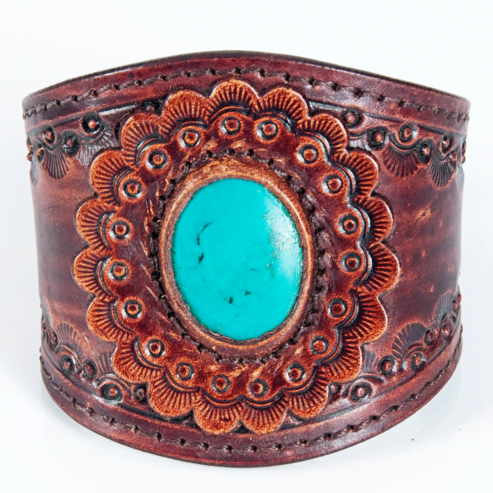 ADBRF136 Hand Stamped Leather Cuff Bracelet - Burgundy Finish with Turquoise Stone