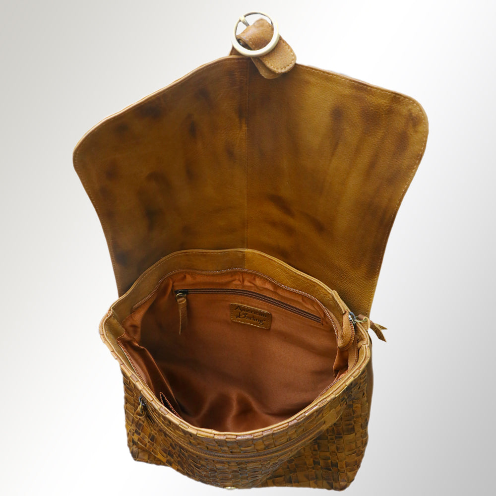 LC-ADBGM135 Woven Leather Backpack - Western-Style Tan Full-Grain Backpack with Ring Flap Closure