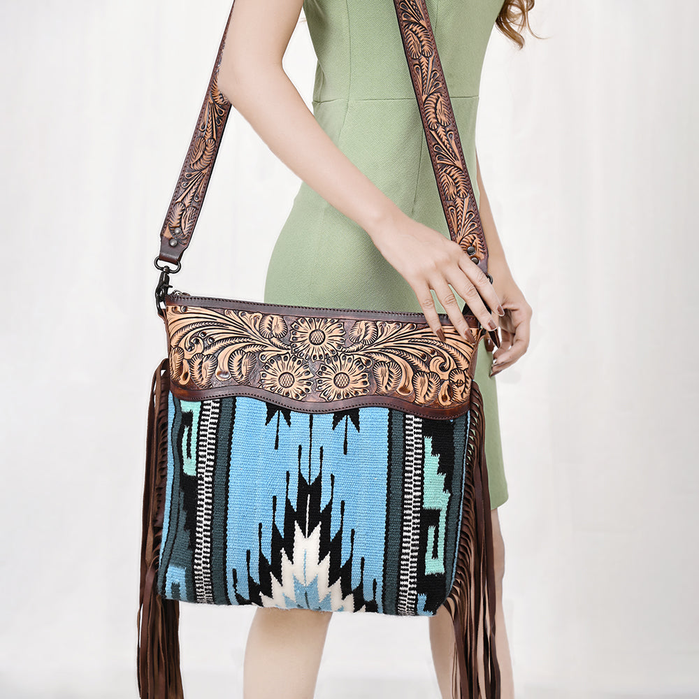 LC-ADBGZ306 Hand Tooled Leather & Wool Aztec Crossbody Bag with Fringe - Turquoise Southwestern Design