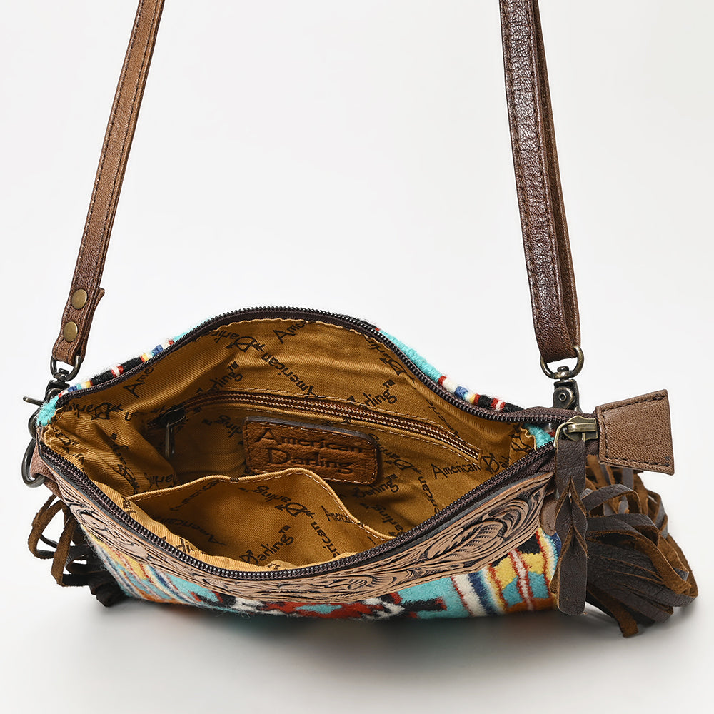 ADBG236 Southwestern Handwoven Crossbody Bag with Hand-Tooled Leather Flap and Long Fringes
