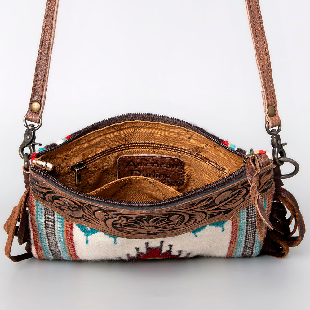 ADBG236 American Darling Hand-Tooled Floral Cross body Bag with Woven Saddle Blanket & Fringes
