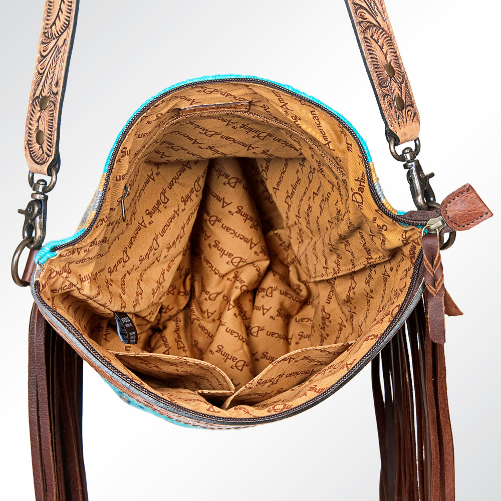 ADBG510 American Darling Tooled Leather & Saddle Blanket Crossbody Bag - Western Fringe Purse