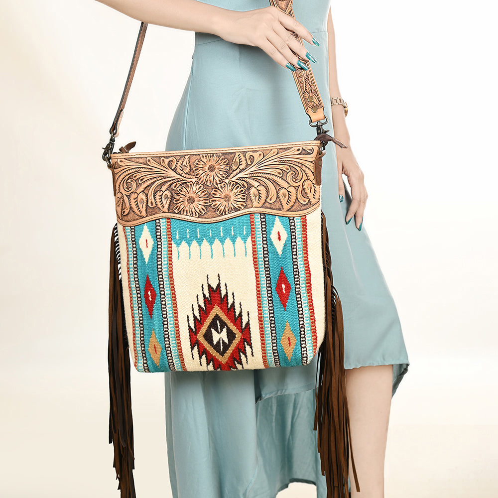 ADBG510 Tooled Leather & Saddle Blanket Crossbody Bag Jolene Western Fringe Purse by American Darling
