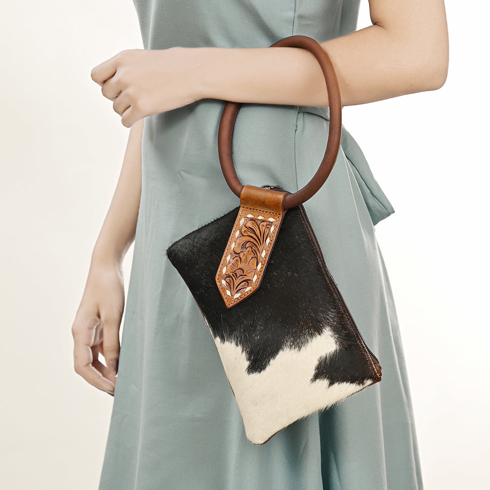 ADBGZ335 Black & White Cowhide Wristlet - Hair-On Hide Clutch with Tooled Leather Detail