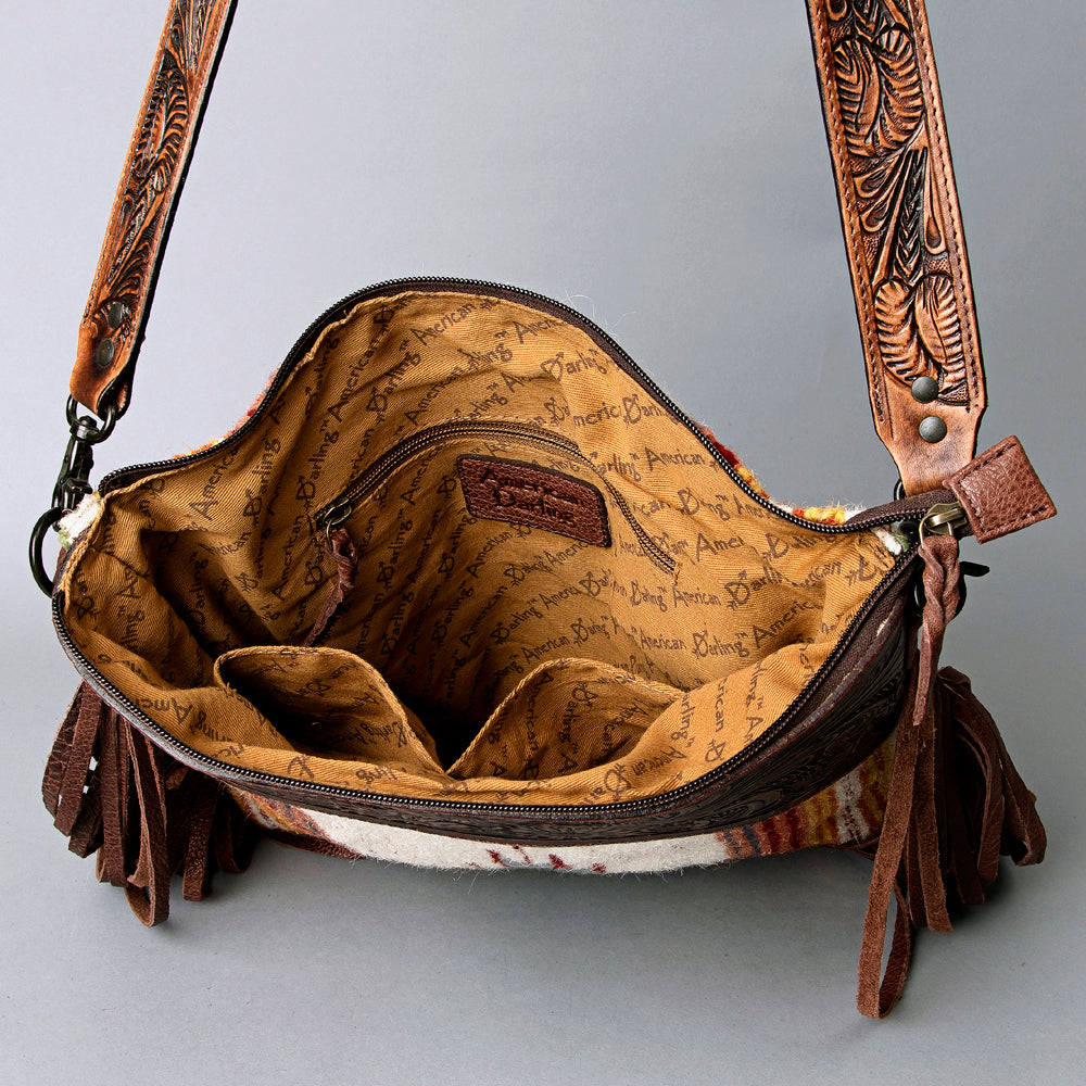 ADBGZ365 Tooled Leather & Tribal Wool Crossbody Bag - Western Fringe Shoulder Purse