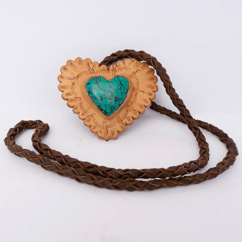 LC-ADJW104B Heart-Shaped Western Jewelry Necklace with Turquoise Center & Braided Leather Cord