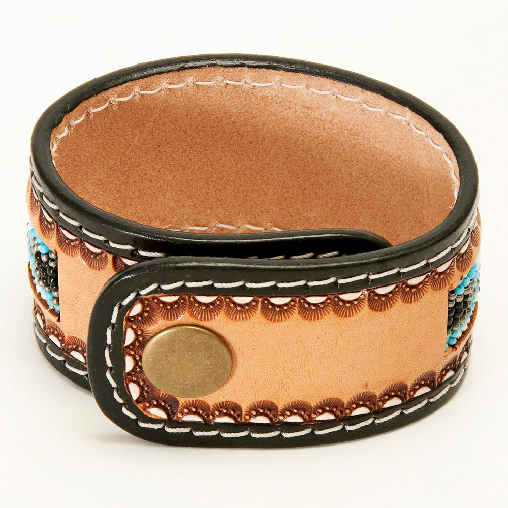 LC-ADBRF140 Beaded Leather Cuff Bracelet - Turquoise & Black Geometric Pattern on Tan Leather