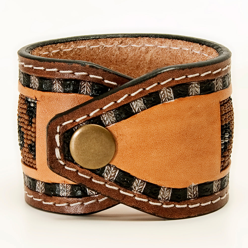 LC-ADBRF141 Beaded Leather Cuff Bracelet - Leopard Print Design on Tan Leather