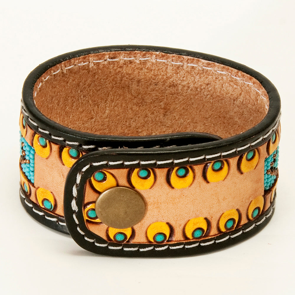 LC-ADBRF142 Beaded Leather Cuff Bracelet - Turquoise & Yellow Tribal Design with Eyelet Tooling