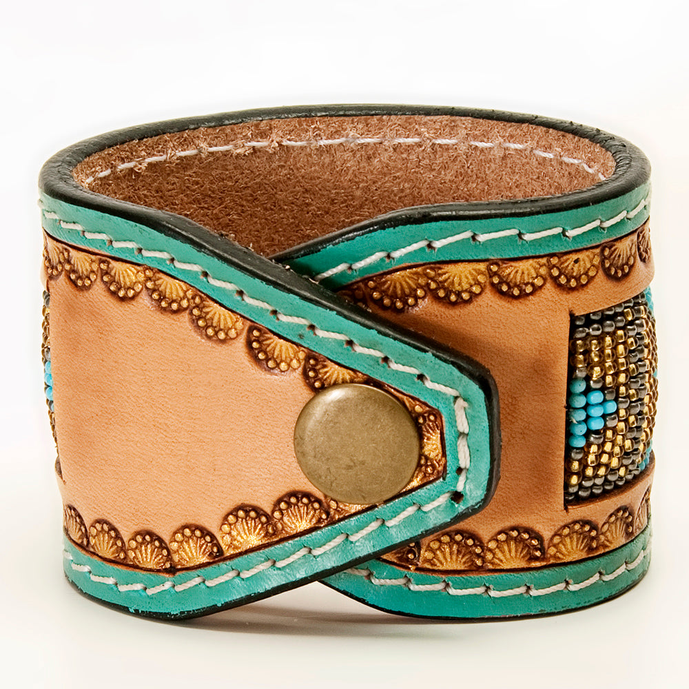 LC-ADBRF144 Beaded Leather Cuff Bracelet - Turquoise & Gold Tribal Pattern with Green Whipstitch