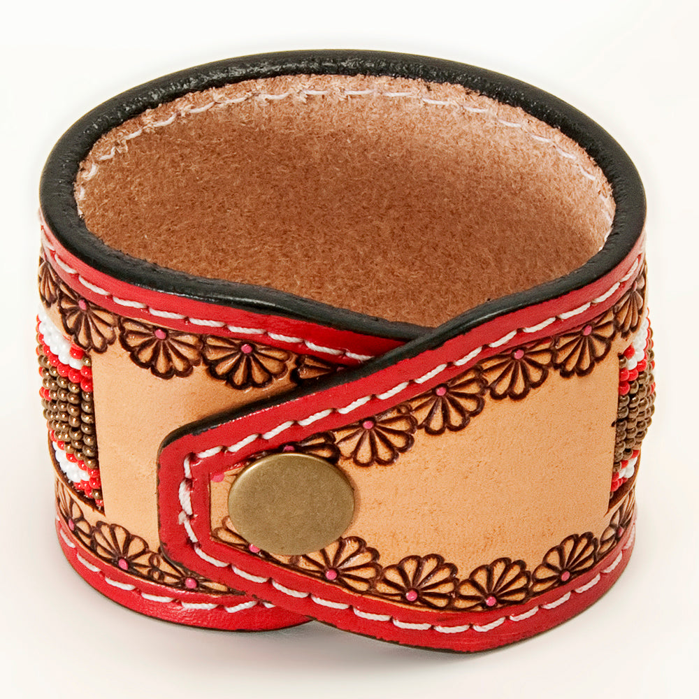 LC-ADBRF147 Beaded Leather Cuff Bracelet - Red & Pink Southwestern Pattern with Floral Tooling