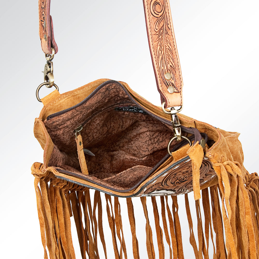 LC-ADBGA165 Tooled Leather & Genuine suede Fringe Bag with Feather Inlay Western Heart-Shaped Flap