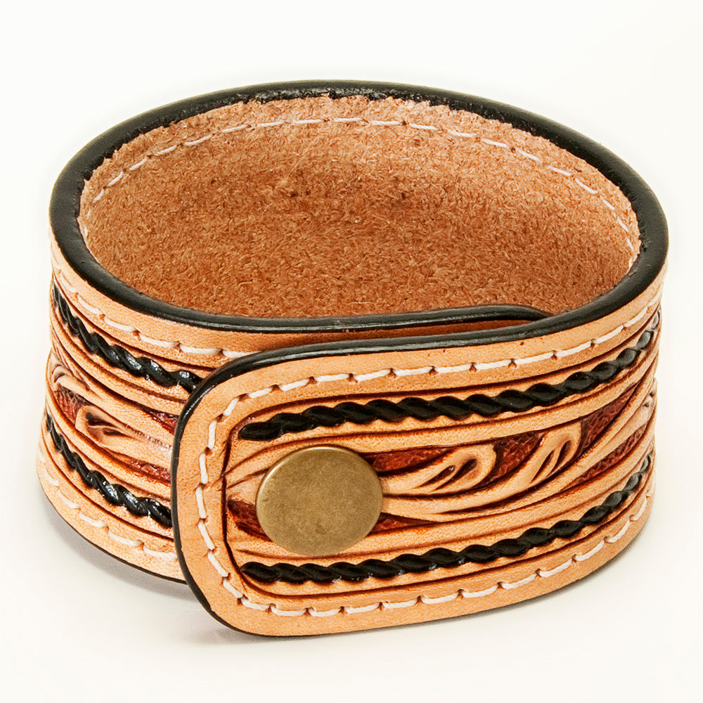 LC-ADBRF152 Hand Tooled Leather Cuff Bracelet - Sunflower Floral Design with Braided Edge