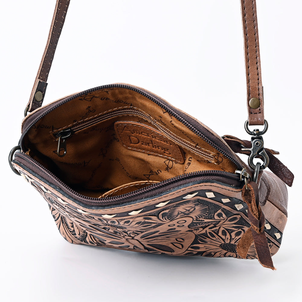 ADBG665 Hand-Tooled Leather Crossbody Bag with Butterfly & Floral Design