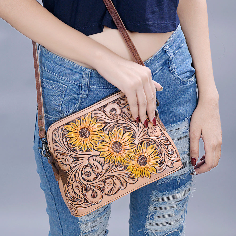 ADBG666 Hand-Tooled Leather Crossbody Bag with Sunflower Floral Design