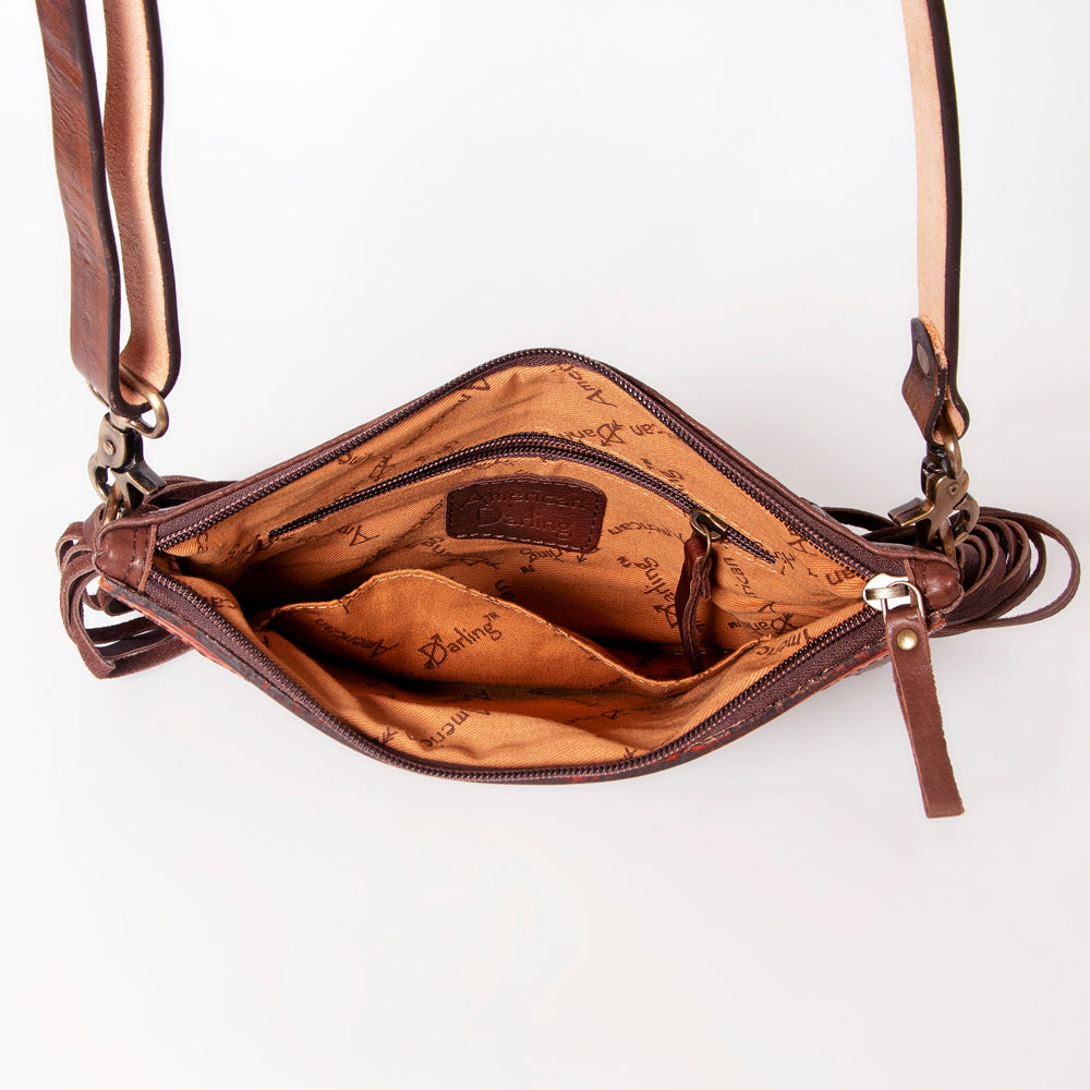 ADBGA177 American Darling Hand Tooled Sunflower Carved Leather Fringe Small Crossbody Bag