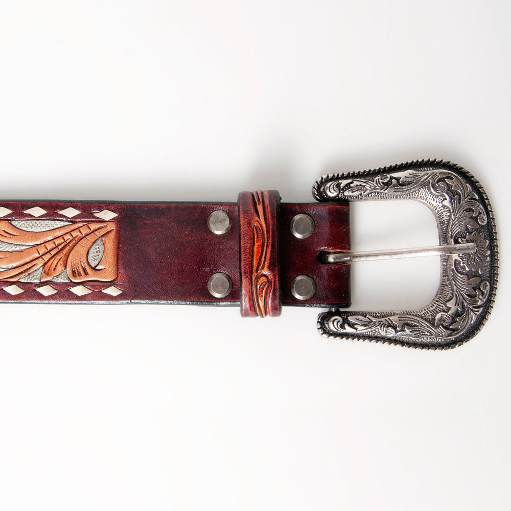 LC-ADBLF120 Tooled Leather Belt - Red Floral with Tan Scrolls and Diamond Border