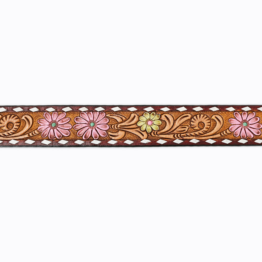 LC-ADBLF121 Tooled Leather Belt - Pink & Yellow Daisies with White Diamond Trim