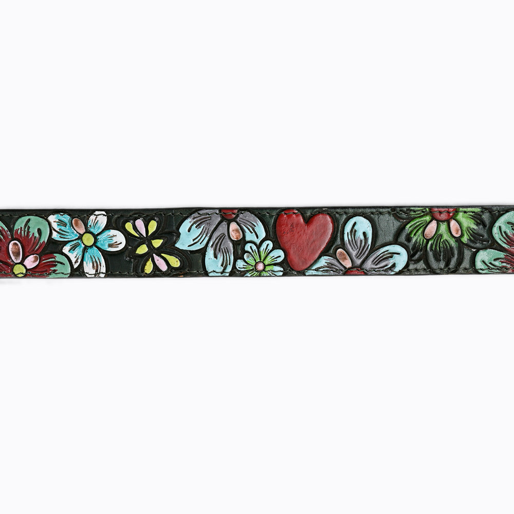 LC-ADBLF125 Tooled Leather Belt - Colorful Floral & Heart Design on Dark Green Base