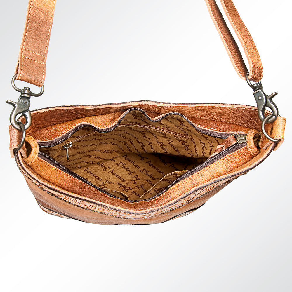 ADBG702B Western Sunflower Tooled Leather Messenger Shoulder Bag Large Pebbled Leather Travel Purse