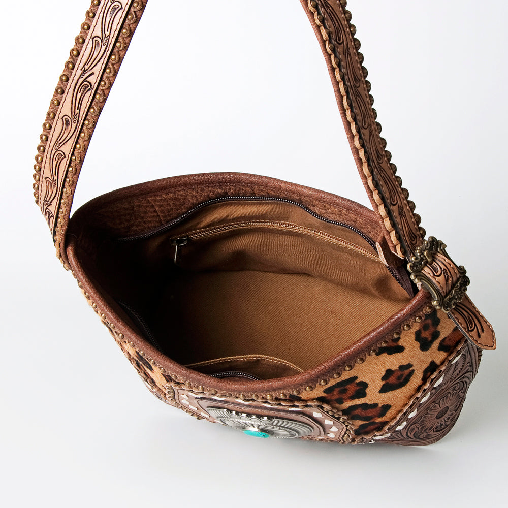 LC-ADBG710 Western Cowhide Hobo Bag with Turquoise Concho & Tooled Leather Strap