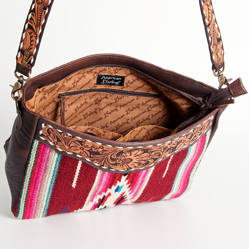 ADBGA184 American Darling Floral Tooled Leather and Maroon Serape Crossbody Purse