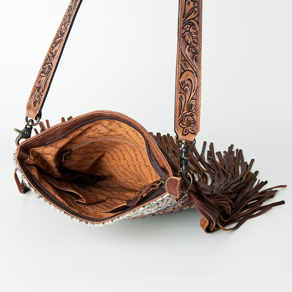 ADBGS192 Cowhide Large Crossbody Bag with Tooled Patch, Fringe & Floral Strap - Western Purse