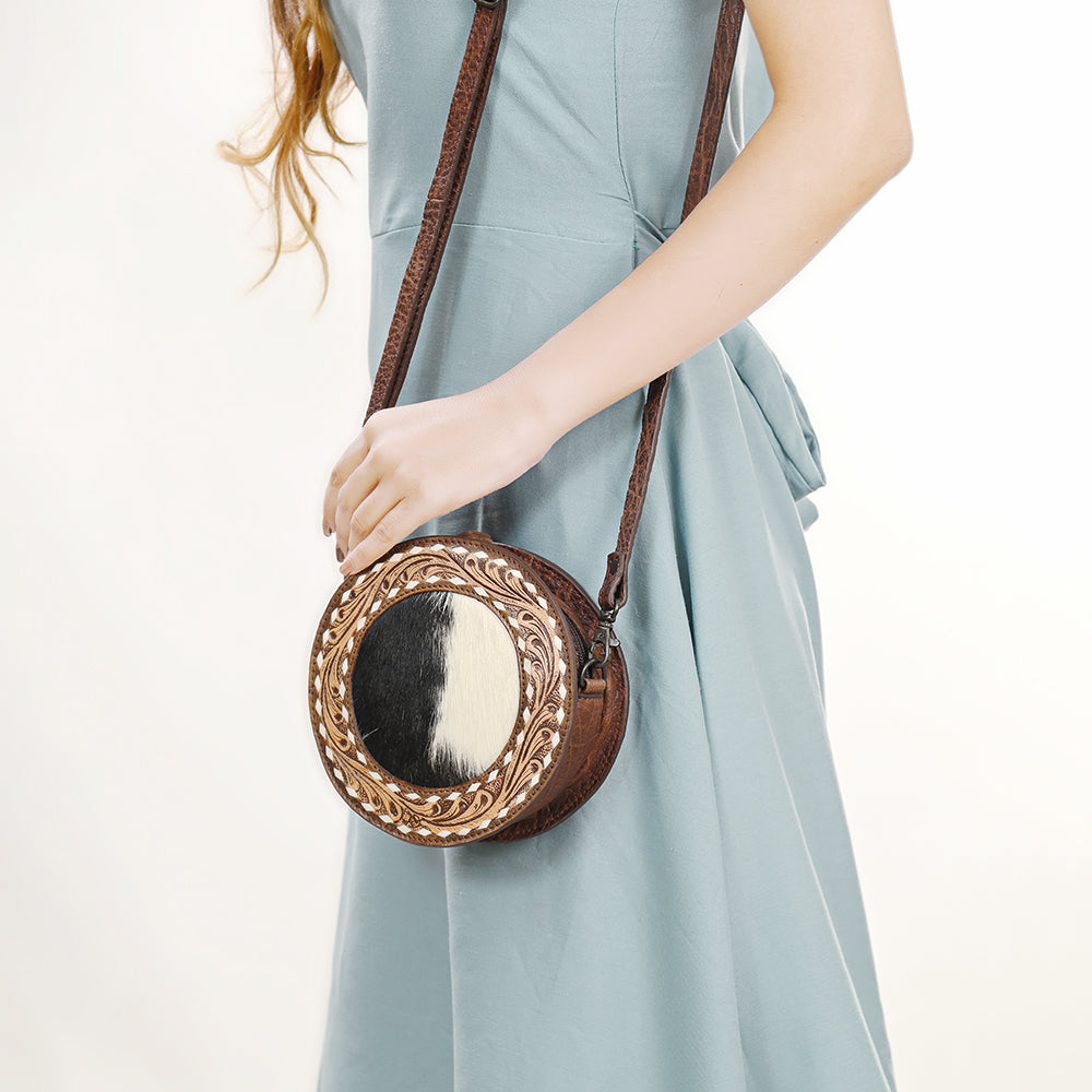 ADBGZ389 Round Cowhide & Tooled Leather Canteen Bag - Western Hair-On Hide Circle Purse