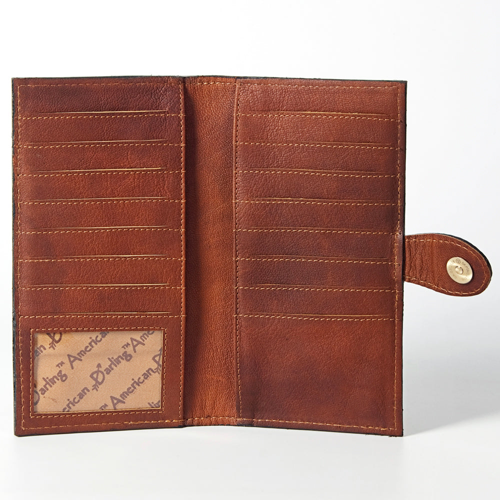 ADBGZ402 Tooled Leather Women Wallet with Turquoise Inlay - Western Floral Bifold Clutch