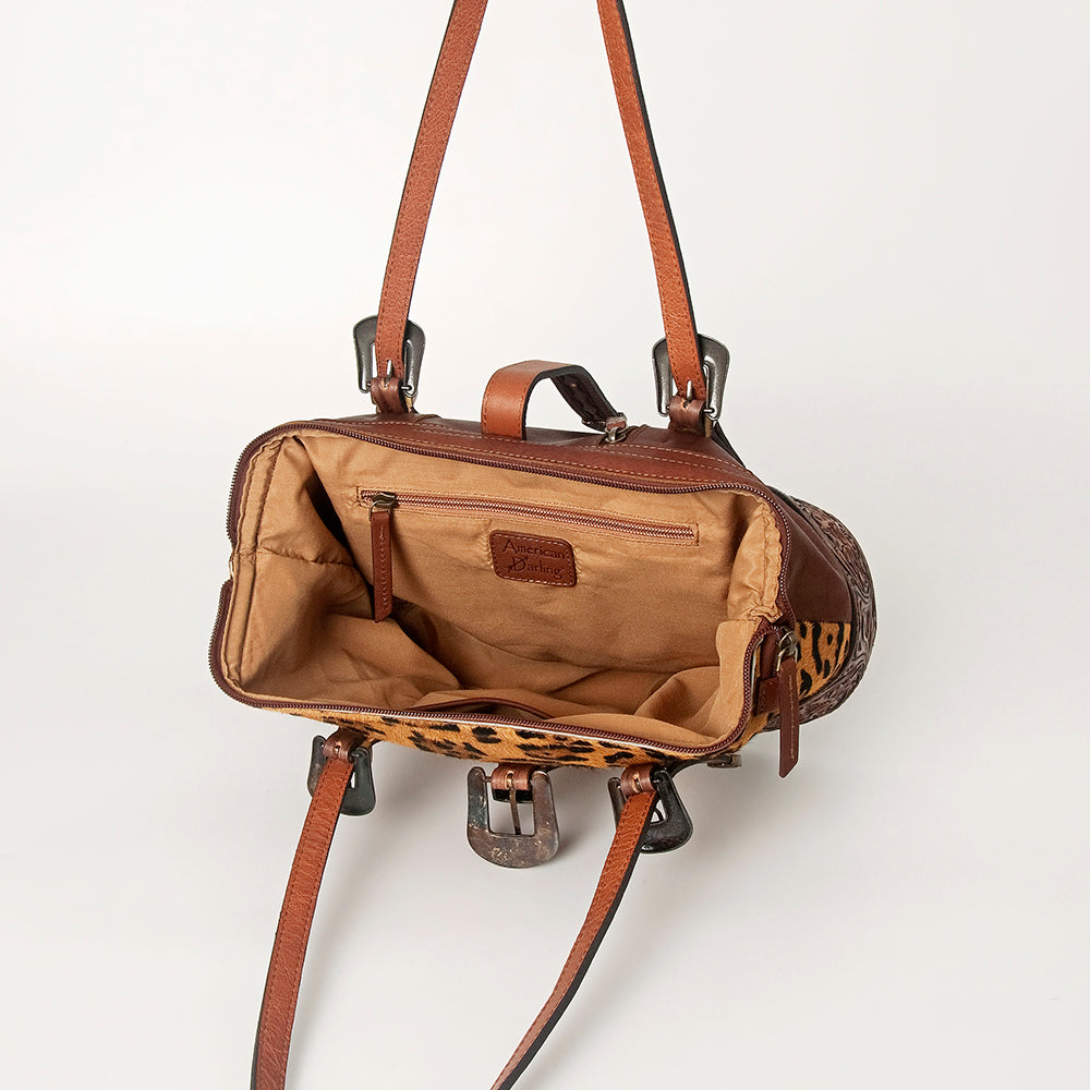 ADBGI183 Hair On Western Satchel - Tooled Leather Cowgirl Purse with Buckles