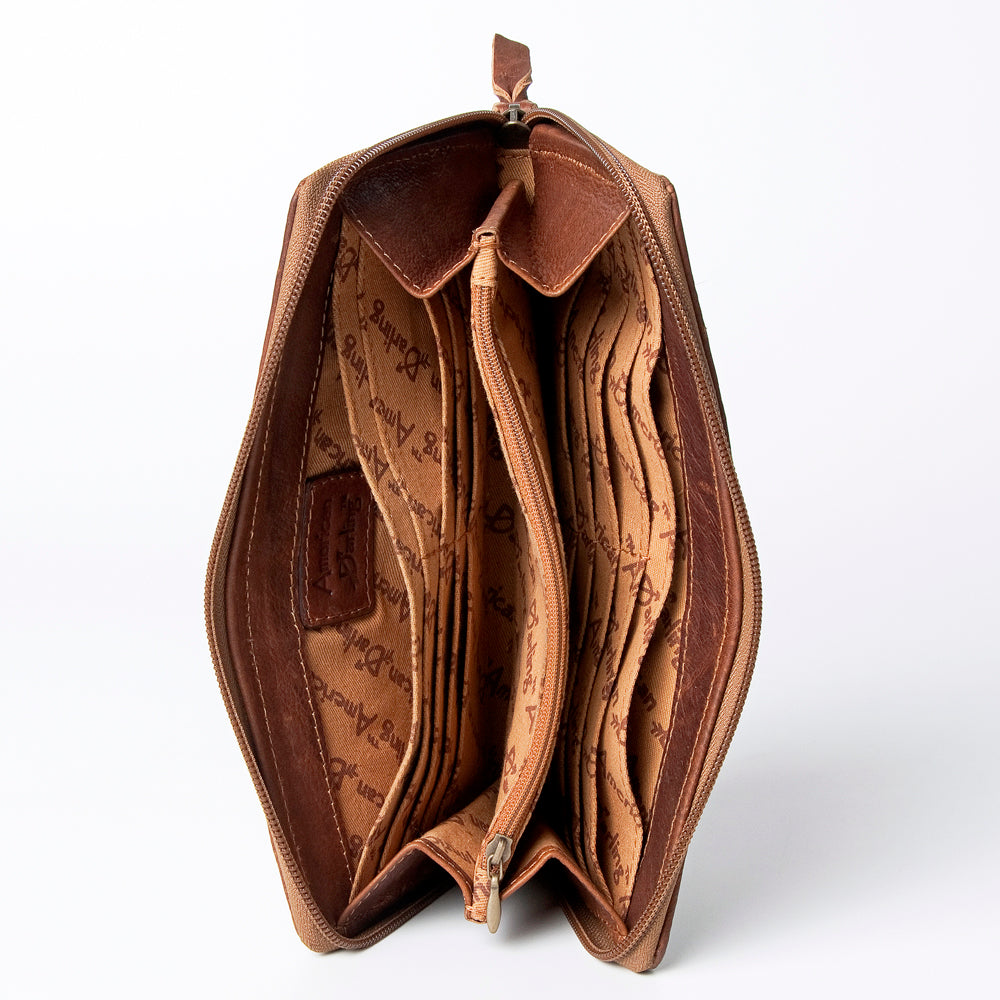 ADBGZ467 Brown & White Cowhide Zip-Around Leather Wallet - American Darling