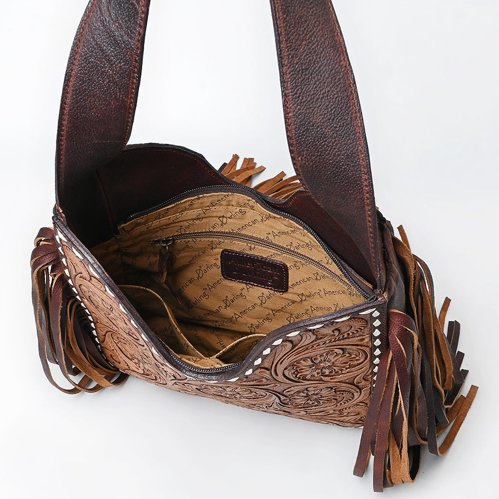 ADBGZ473 Hand-Tooled Leather Western Fringe Hobo Bag - Floral Saddle Design