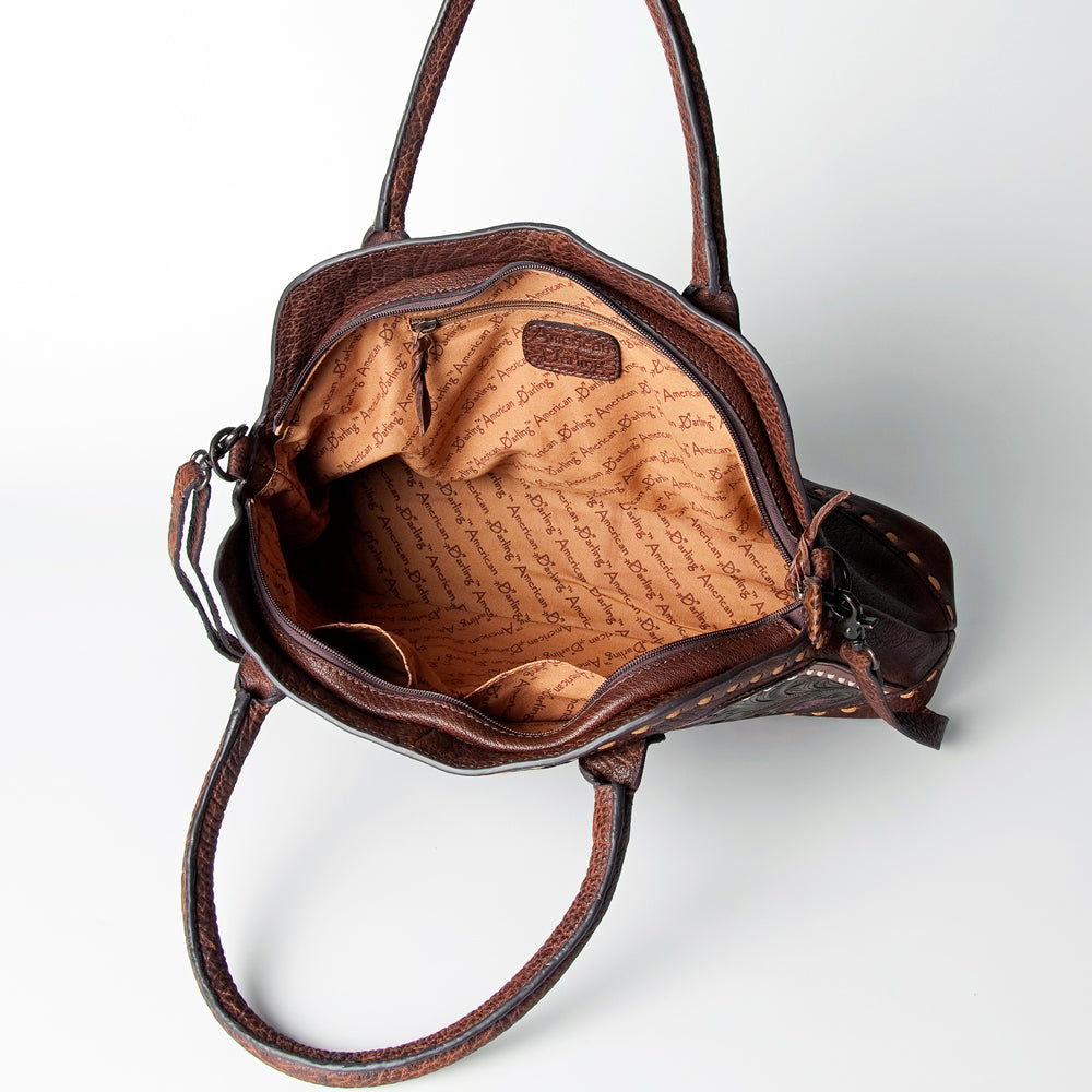 LC-ADBGZ478 Tooled Leather Western Tote Bag - Floral Carving with Turquoise Accent & Dual Handles