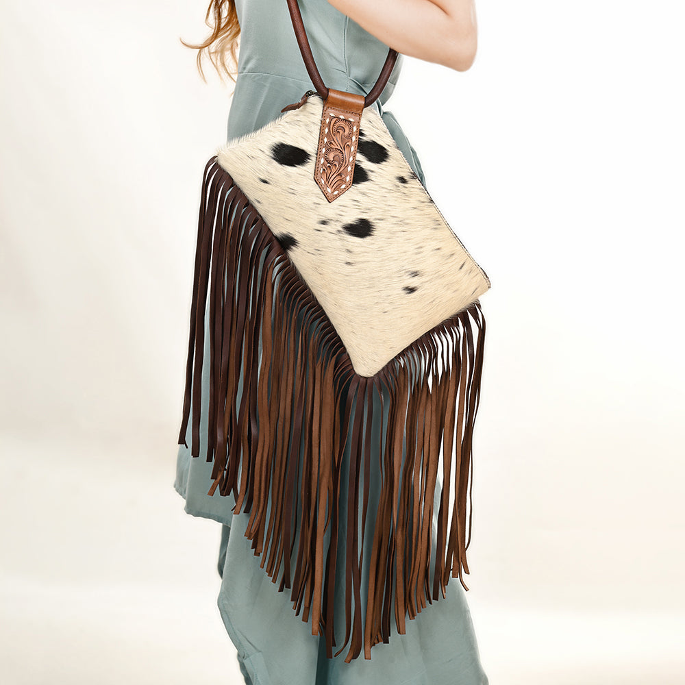 ADBGZ328 Cowhide Fringe Wristlet - White & Black Hair-On Hide with Tooled Leather Accent